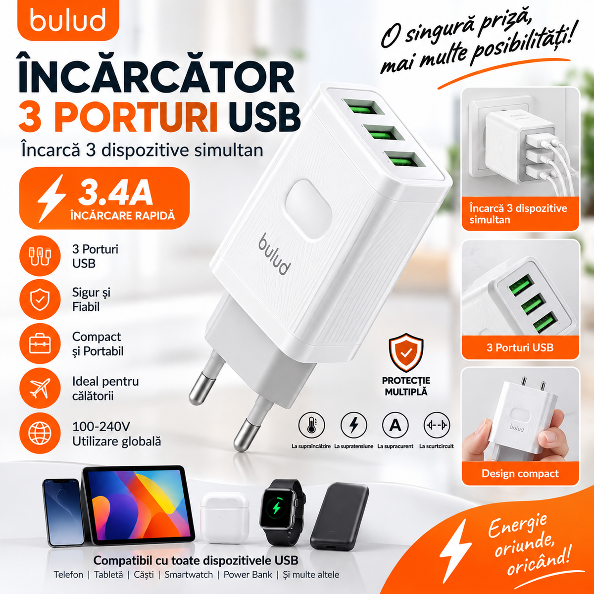 Încărcător Priză 3 Porturi USB, 3.4A, Încărcare Simultană, 100–240V, Compact și Portabil