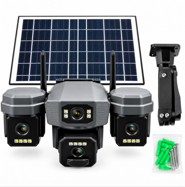 Camera de supraveghere 4G 4K 12MP Crocodil cu panou solar, 4 lentile 360
