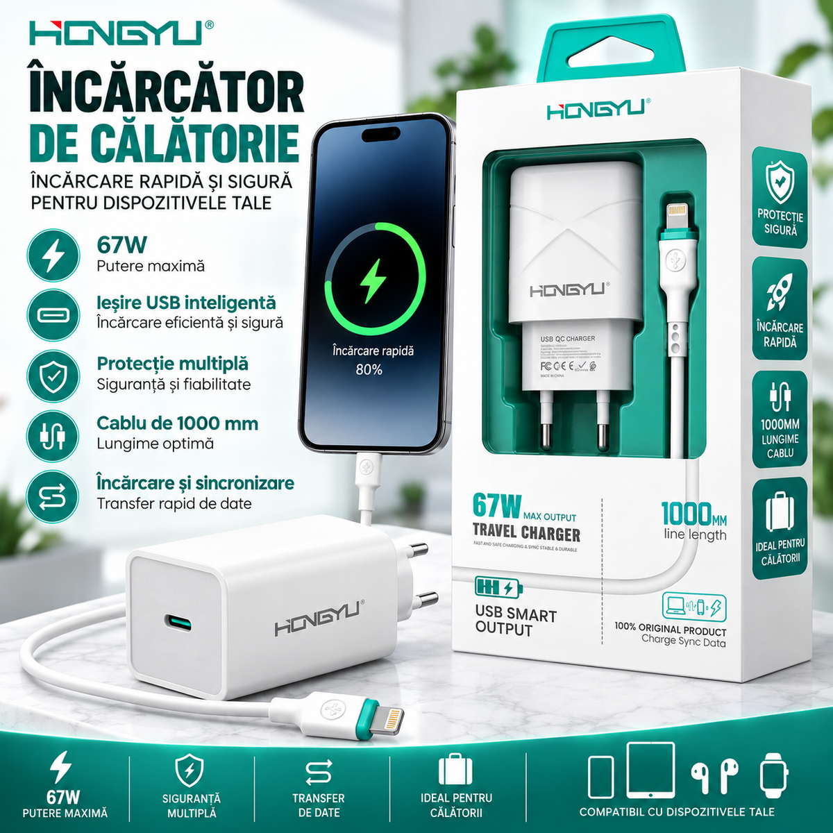 Încărcător Telefon Rapid 67W cu Cablu Lightning 1000 mm – Încărcare Rapidă și Sigură