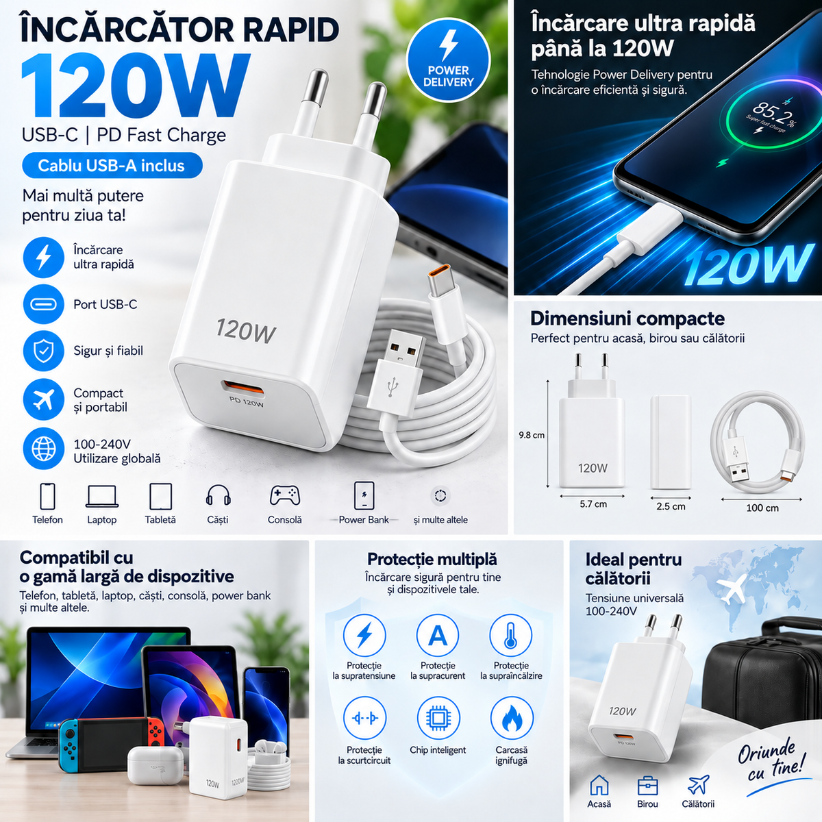 Încărcător Rapid cu Fir 120W, TIP C, Universal 100-240V, Port USB, Suport Încărcare Rapidă