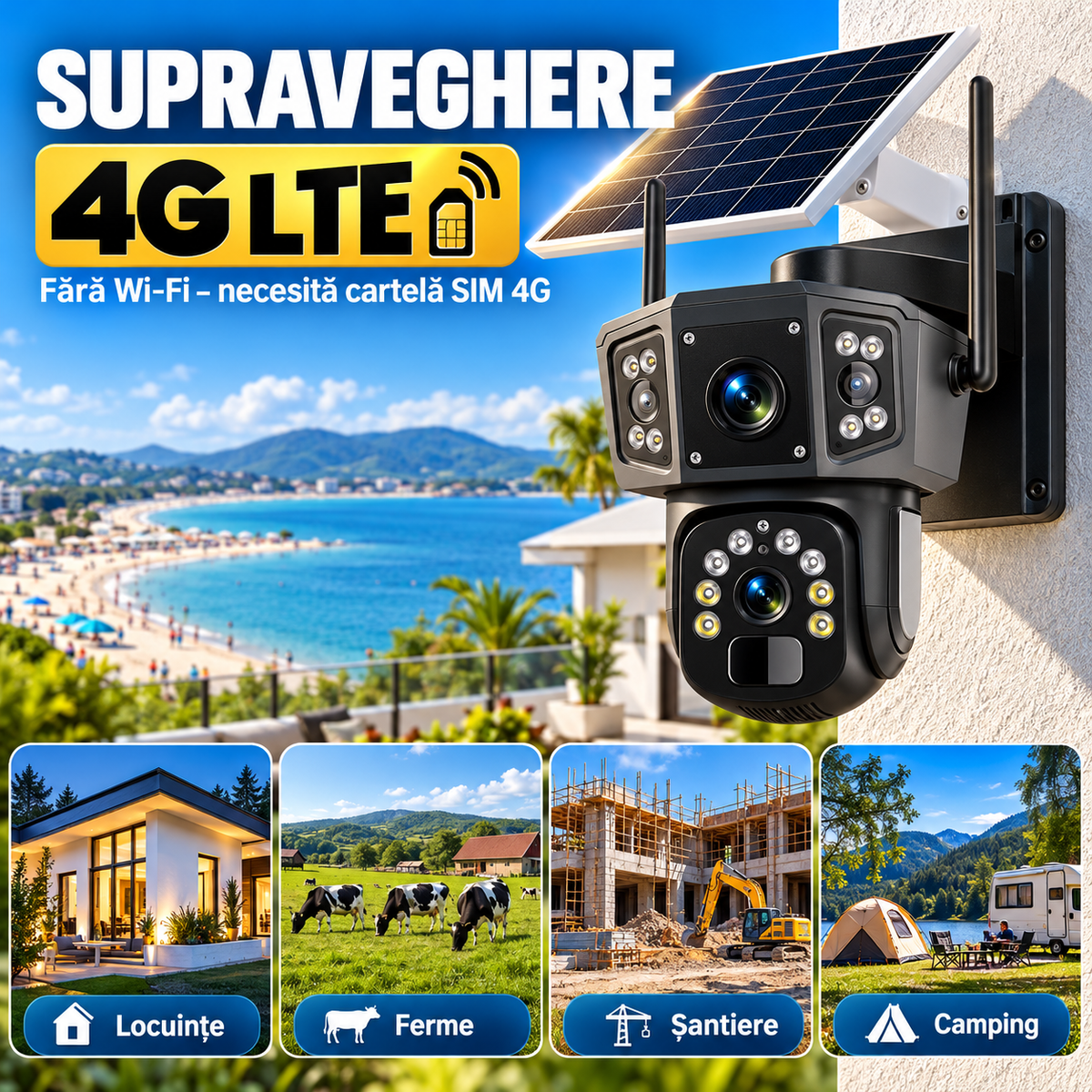 Cameră de Supraveghere Solară 4K cu Lentile Duble, 8MP, Baterie 8000mAh și Panou Solar – Detectare Mișcare, Vizualizare 360°, Rezistentă la Intemperii