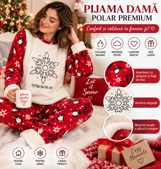 Pijama Damă Polar Premium cu Pinguini și Fulgi de Nea – Set Călduros de Iarnă