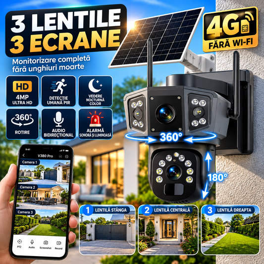 Cameră de Supraveghere Solară 4K cu Lentile Duble, 8MP, Baterie 8000mAh și Panou Solar – Detectare Mișcare, Vizualizare 360°, Rezistentă la Intemperii