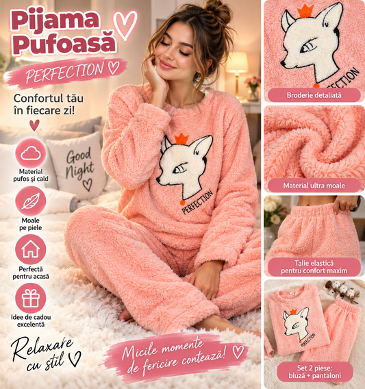 Pijama Pufoasă Damă Roz Somon cu Model Unicorn – Set 2 Piese, Călduroasă și Moale