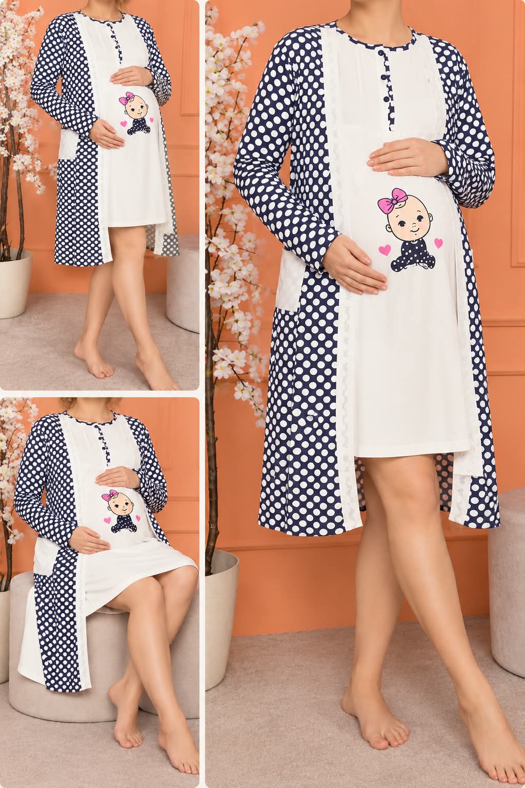 Pijama pentru alăptat, 2 piese, cu halat