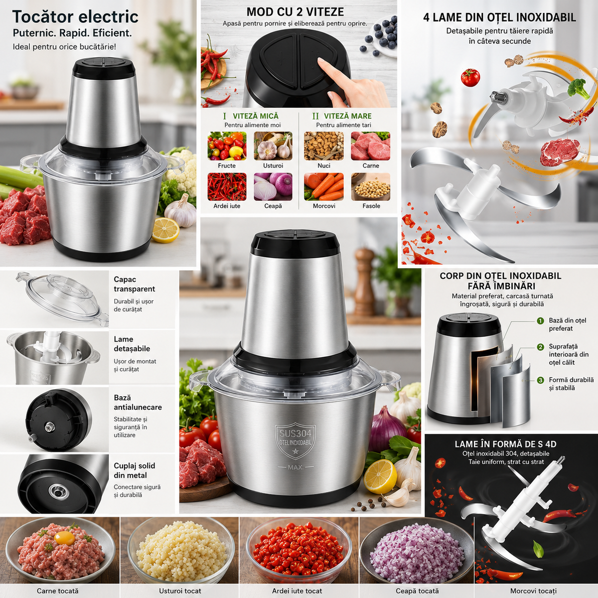 Tocator electric 2L pentru carne si legume, 4 lame din otel inoxidabil de inalta calitate, Recipient din Inox, Argintiu