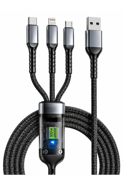 Cablu 3 în 1 USB-A la USB-C, Lightning și Micro USB, Încărcare Rapidă 100W, Display Digital Inteligent, Cablu Nylon Împletit, Transfer Date, Compatibil iPhone și Android