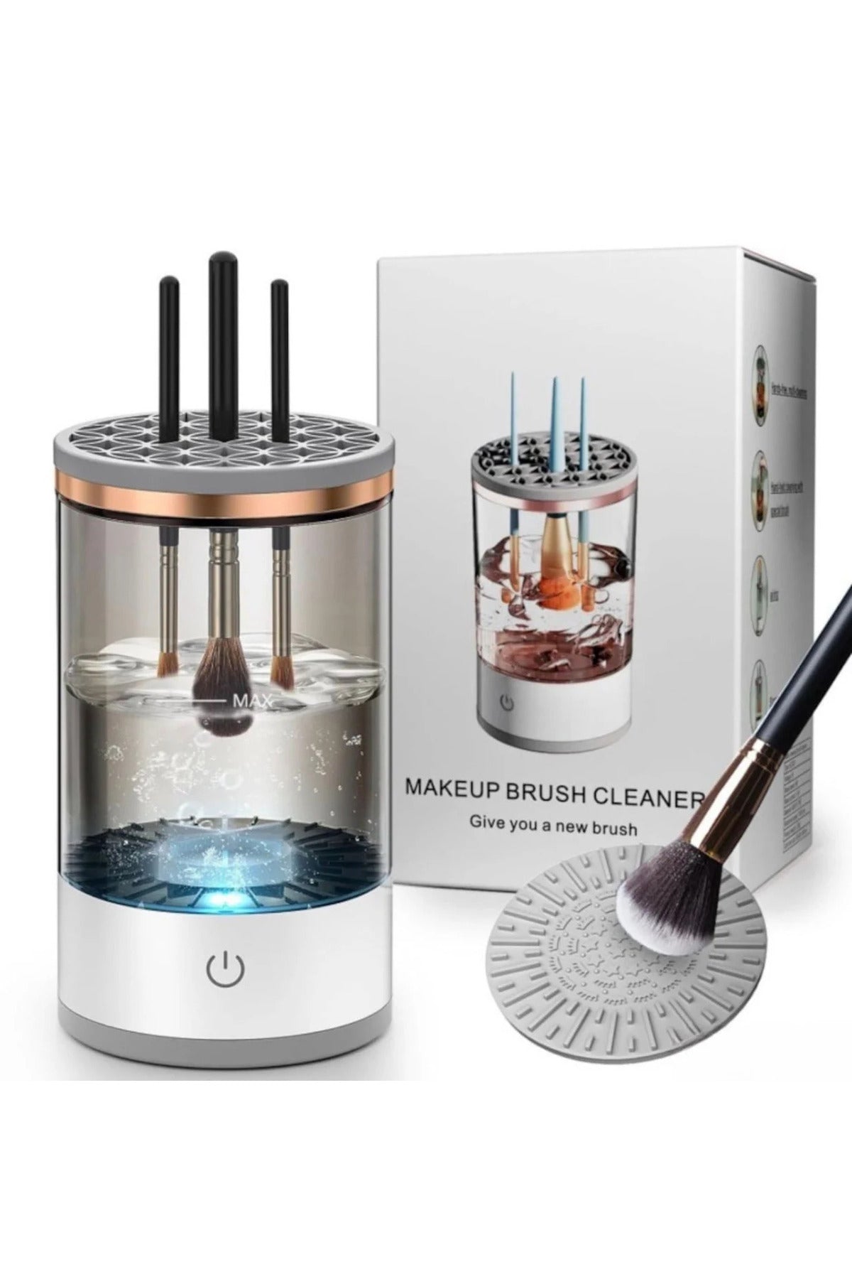 Aparat electric curatare pensule machiaj USB, dispozitiv automat cu recipient fumuriu