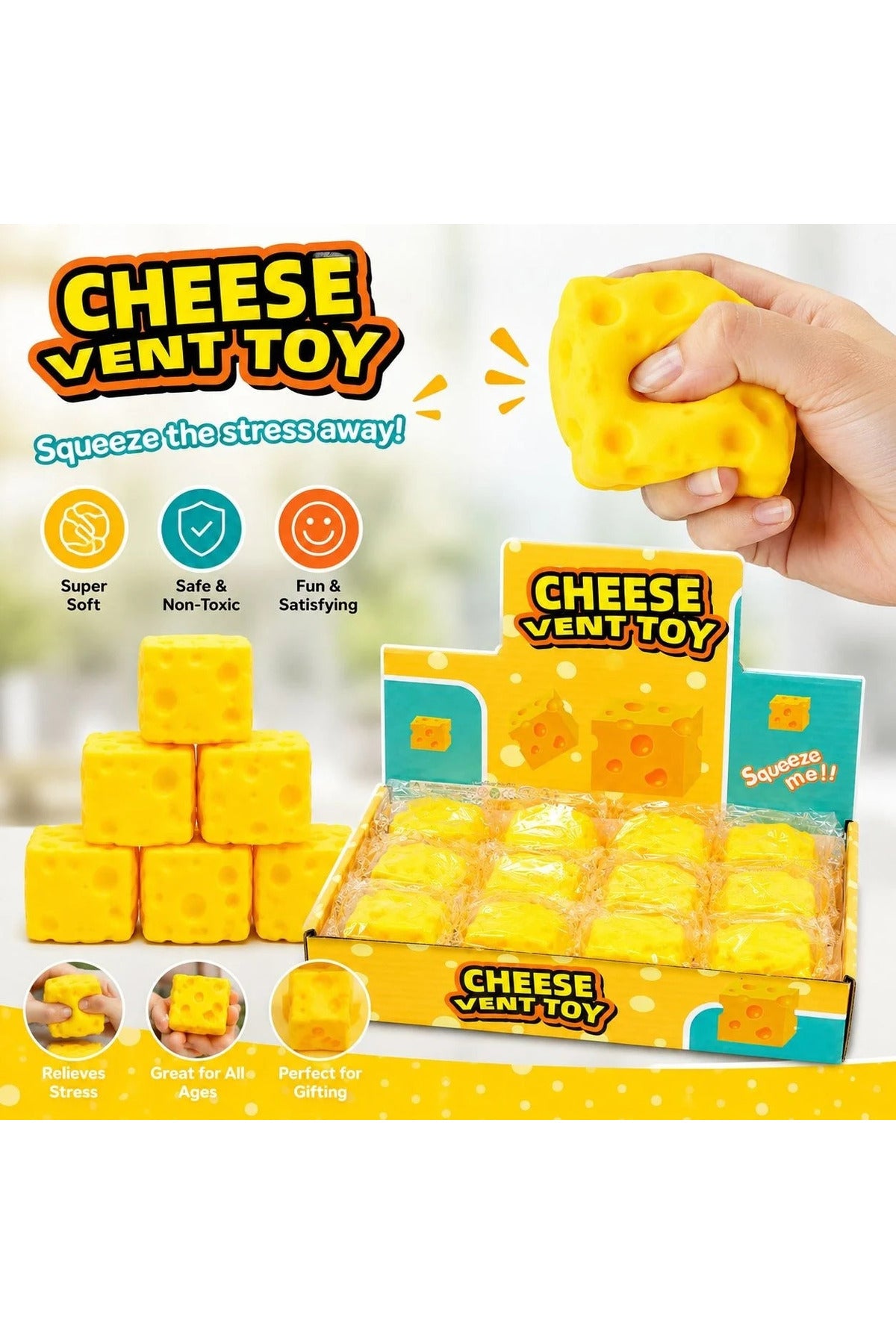 Jucărie Antistres Brânză din Silicon 5x5x5cm – Cheese Vent Toy, Squishy Moale, Elastic și Relaxant pentru Copii