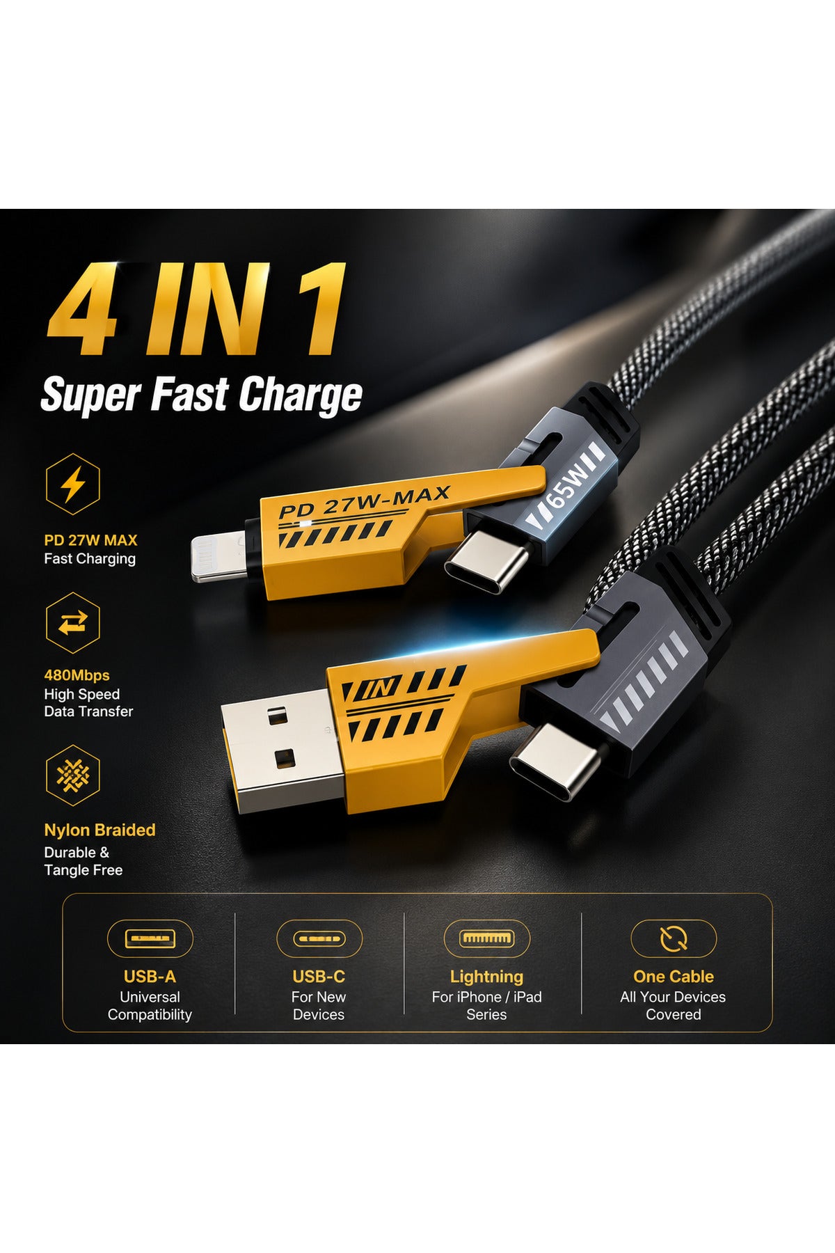 Cablu 4 în 1 USB-C, Lightning și Micro USB – Încărcare Rapidă până la 65W PD, Transfer Date 480 Mbps, Cablu Nylon Premium pentru iPhone, Android și Tablete