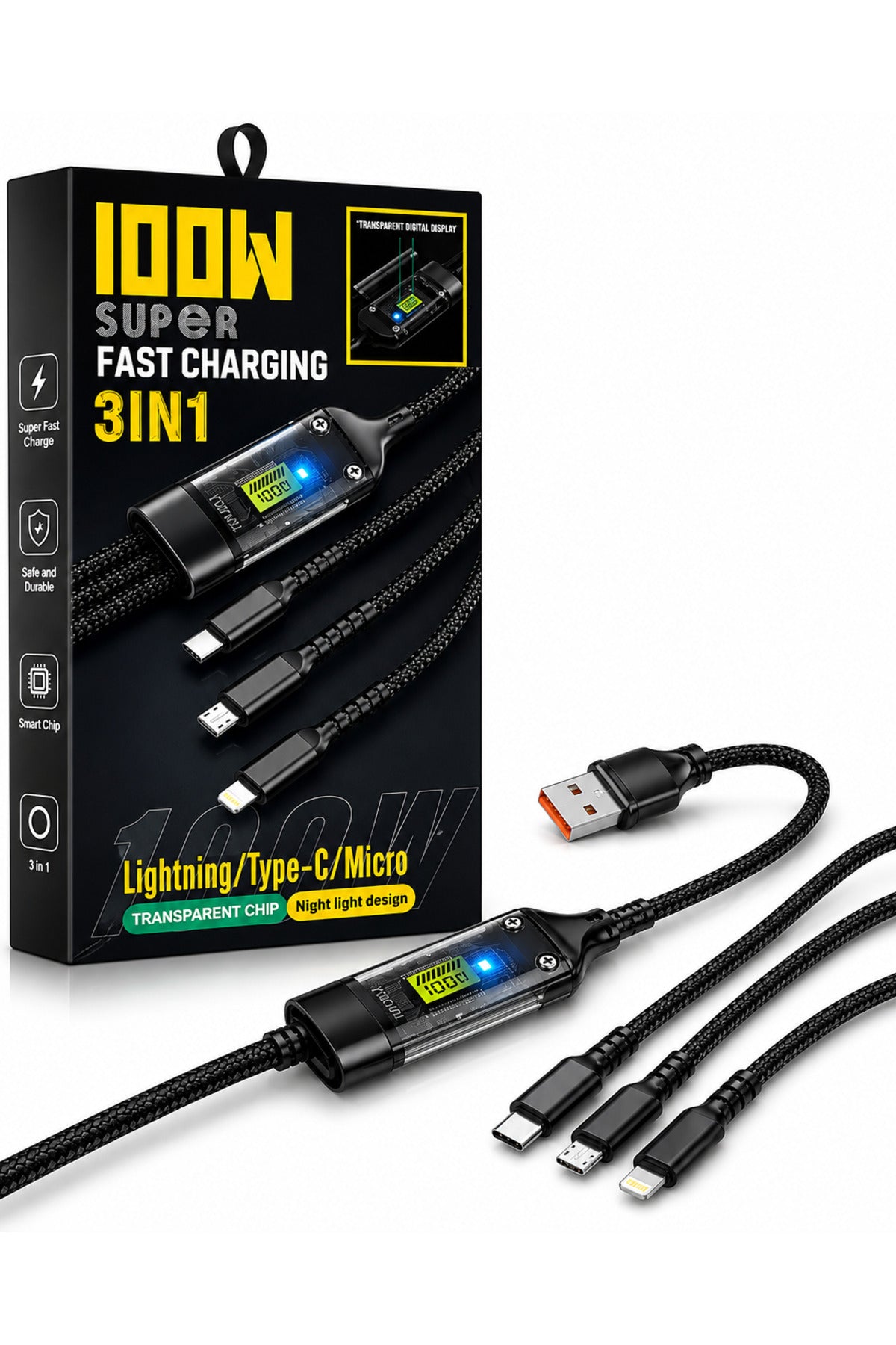 Cablu 3 în 1 USB-A la USB-C, Lightning și Micro USB, Încărcare Rapidă 100W, Display Digital Inteligent, Cablu Nylon Împletit, Transfer Date, Compatibil iPhone și Android