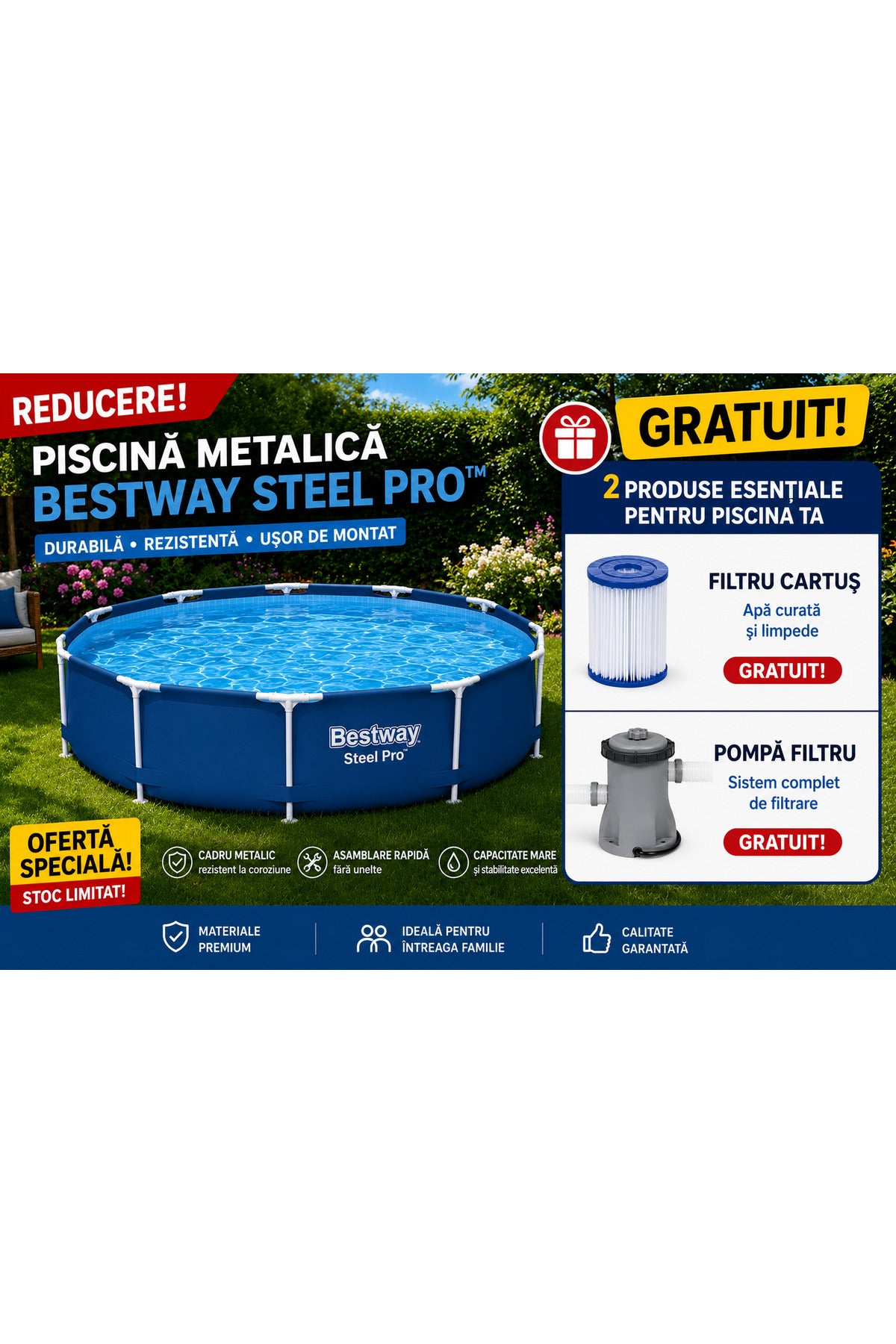 Piscina cu cadru Steel Pro, cu pompa de filtru, 305 x 76 cm, albastru