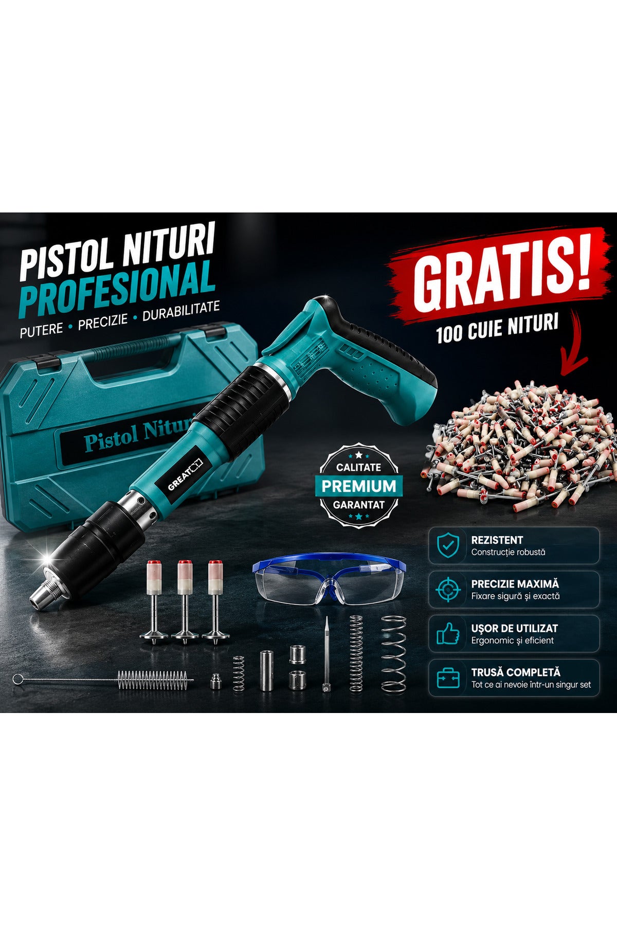 Kit Pistol De Nituri cu 50 nituri cadou Pentru Fixare Cuie In Perete, Tavan, Podea, Lemn, Pneumatic, Manual, Ochelari Protectie, Trusa Depozitare Si Transport, Calibru 7.3 cm, Albastru