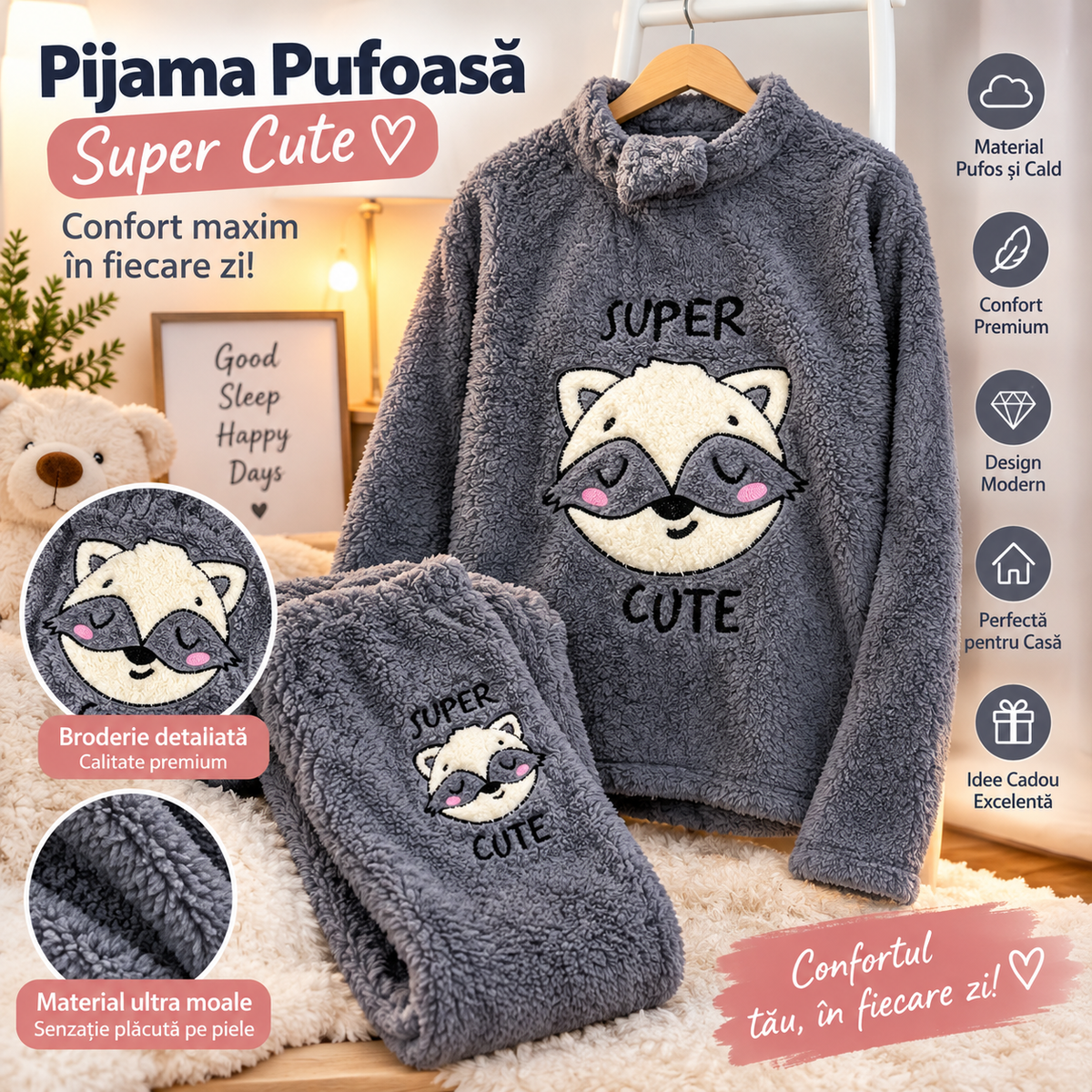 Pijama Pufoasă Damă Gri cu Model Raton – Set 2 Piese, Super Călduroasă și Confortabilă