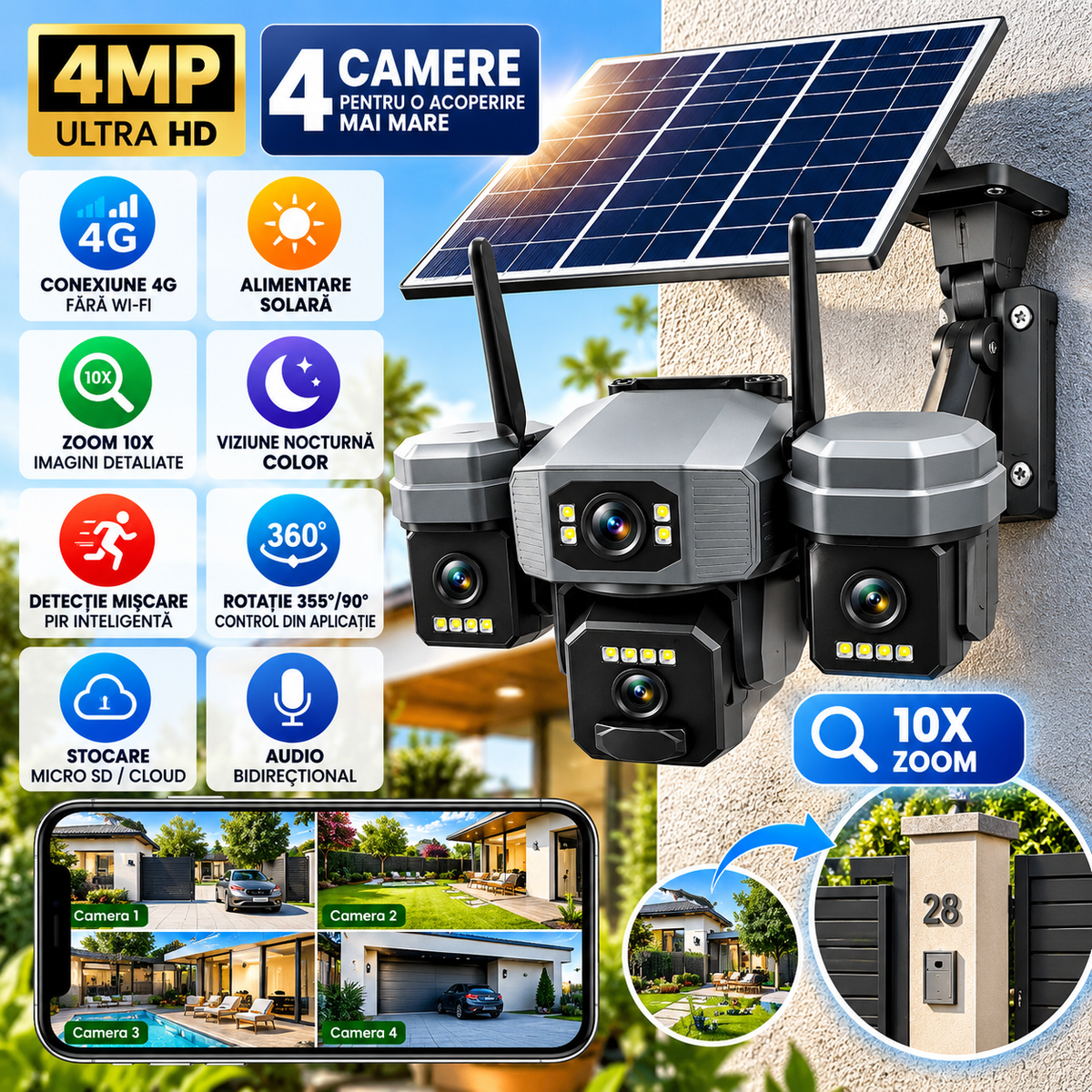 Camera de supraveghere 4G 4K 12MP Crocodil cu panou solar, 4 lentile 360