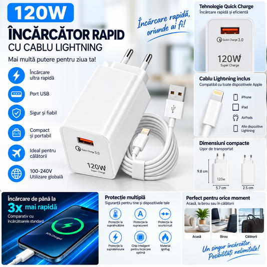 Încărcător Rapid 120W cu Cablu Lightning, Încărcare Rapidă, 100–240V, USB