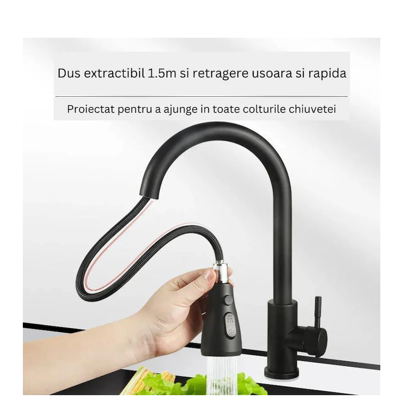 Baterie Bucătărie cu Pipa Înaltă și Duș Extractibil, 2 Funcții de Curgere, Rotire 360°