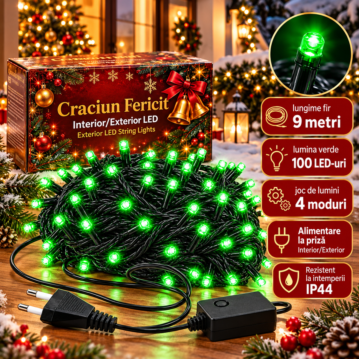 Instalatie de Craciun 9 m, 100 LED-uri, lumina verde, 4 moduri, fir negru, pentru interior sau exterior