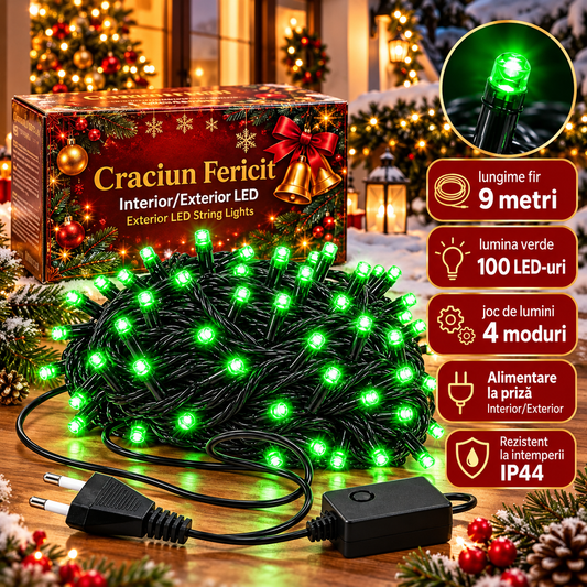 Instalatie de Craciun 9 m, 100 LED-uri, lumina verde, 4 moduri, fir negru, pentru interior sau exterior