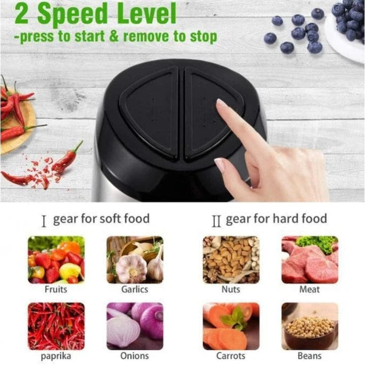 Tocator electric 2L pentru carne si legume, 4 lame din otel inoxidabil de inalta calitate, Recipient din Inox, Argintiu