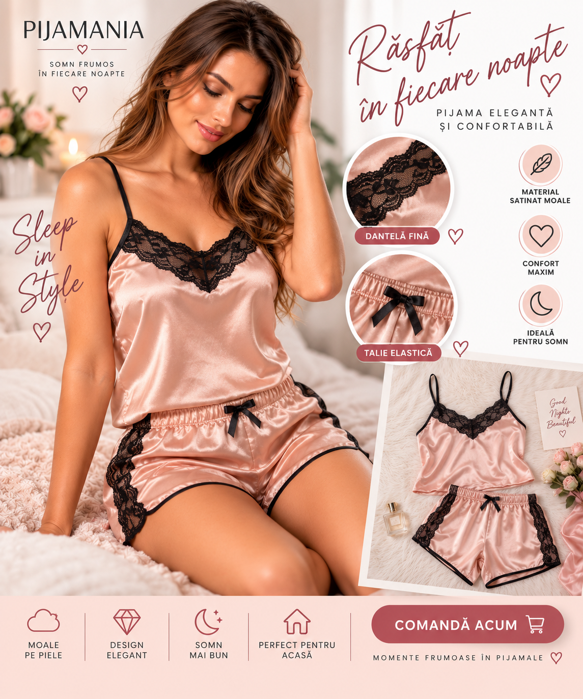 Pijamale dama satin, cu pantaloni scurti, material placut