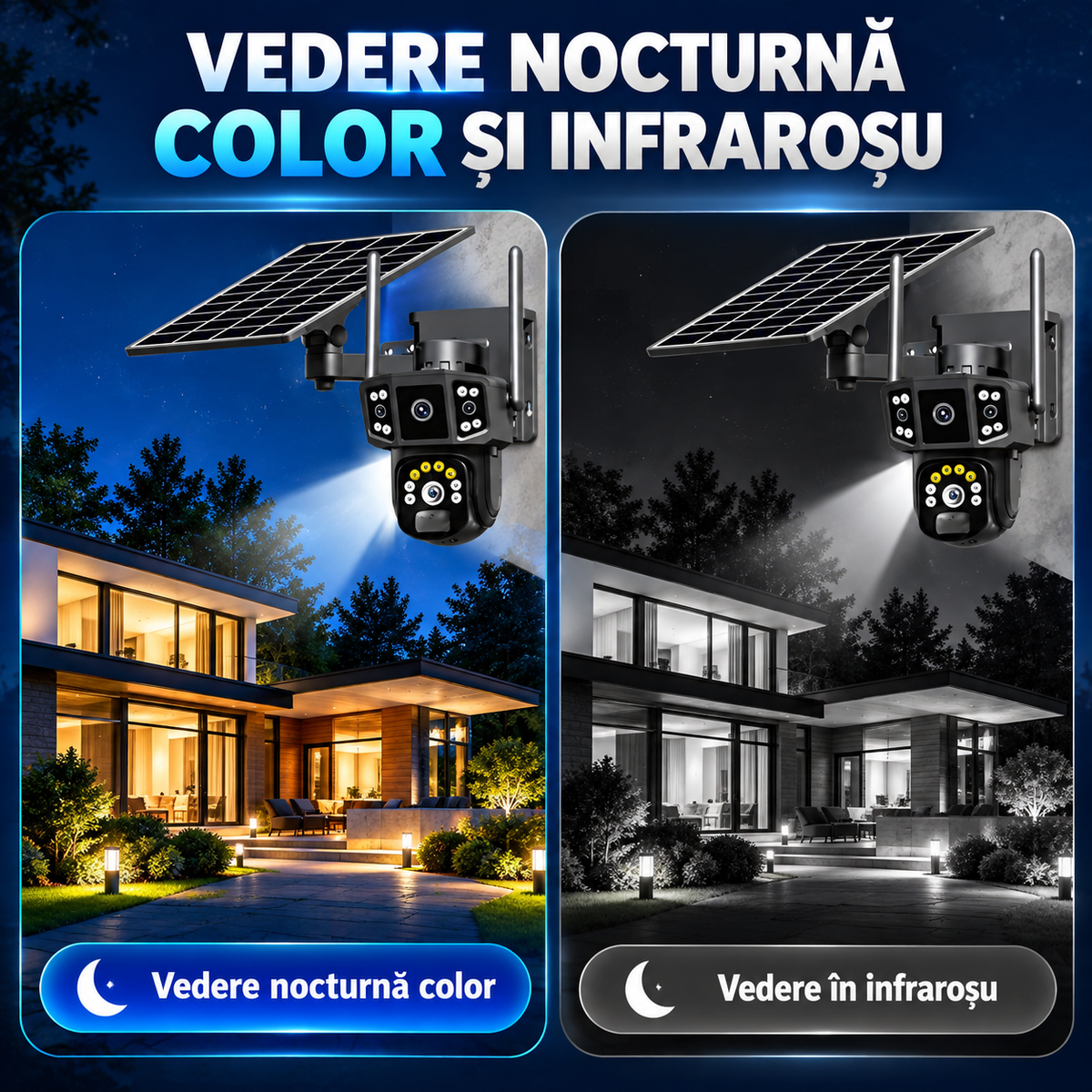 Cameră de Supraveghere 4G cu Panou Solar, 4 Camere, Zoom 10X și Vedere Nocturnă