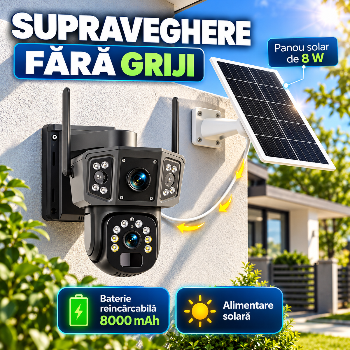 Cameră de Supraveghere Solară 4K cu Lentile Duble, 8MP, Baterie 8000mAh și Panou Solar – Detectare Mișcare, Vizualizare 360°, Rezistentă la Intemperii