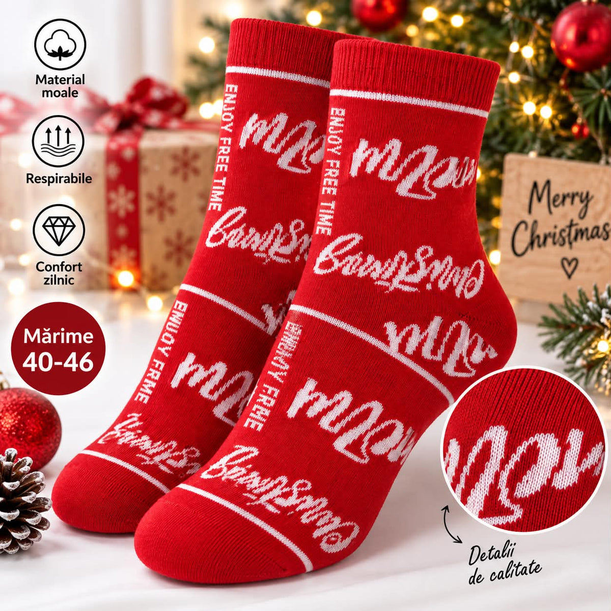 Set 2 perechi Sosete Unisex cu imprimeu de craciun, mai multe culori, marimea 40-46
