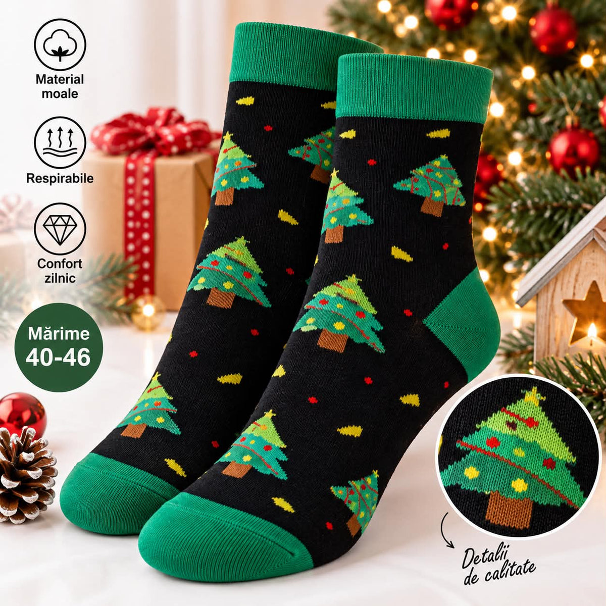 Set 2 perechi Sosete Unisex cu imprimeu de craciun, mai multe culori, marimea 40-46