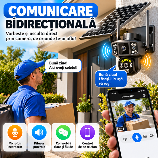 Cameră de Supraveghere 4G cu Panou Solar, 4 Camere, Zoom 10X și Vedere Nocturnă