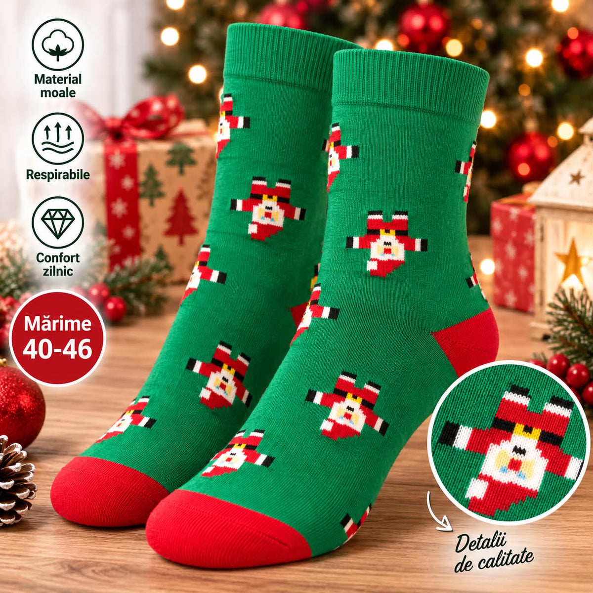 Set 2 perechi Sosete Unisex cu imprimeu de craciun, mai multe culori, marimea 40-46