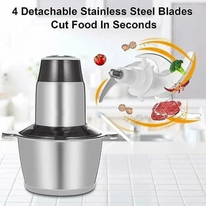 Tocator electric 2L pentru carne si legume, 4 lame din otel inoxidabil de inalta calitate, Recipient din Inox, Argintiu