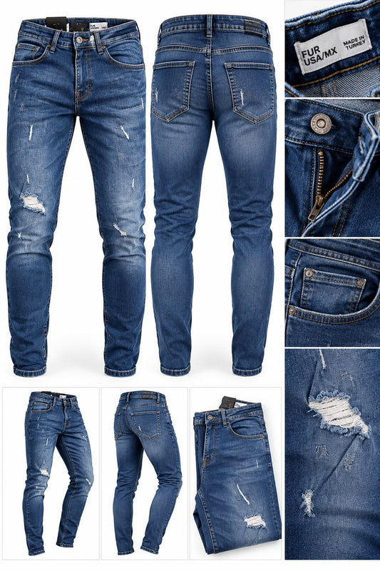 Blugi Bărbați Slim Fit Albaștri – Jeans Prespălați cu Rupturi Decorative