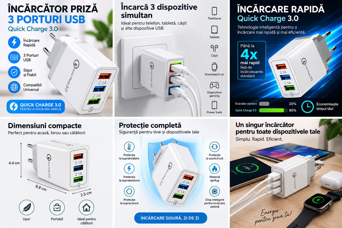 Incarcator priza, USB multiplu, 3 porturi 2.1A, incarcare rapida, Quick Charge 3.0, alb