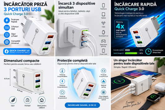 Incarcator priza, USB multiplu, 3 porturi 2.1A, incarcare rapida, Quick Charge 3.0, alb