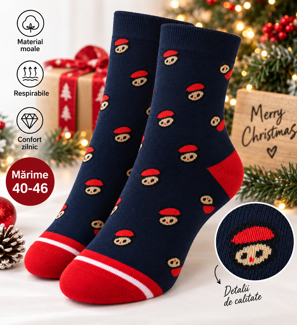 Set 2 perechi Sosete Unisex cu imprimeu de craciun, mai multe culori, marimea 40-46