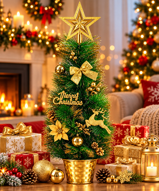 Brad Artificial Mini de Crăciun 40 cm si 57 cm cu Stea Aurie și Decorațiuni Festive – Ghiveci Auriu