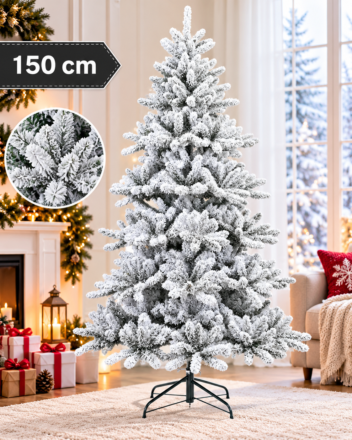 Brad Artificial Nins de Crăciun 150 cm cu Suport Metalic – Aspect de Iarnă și Eleganță Festivă
