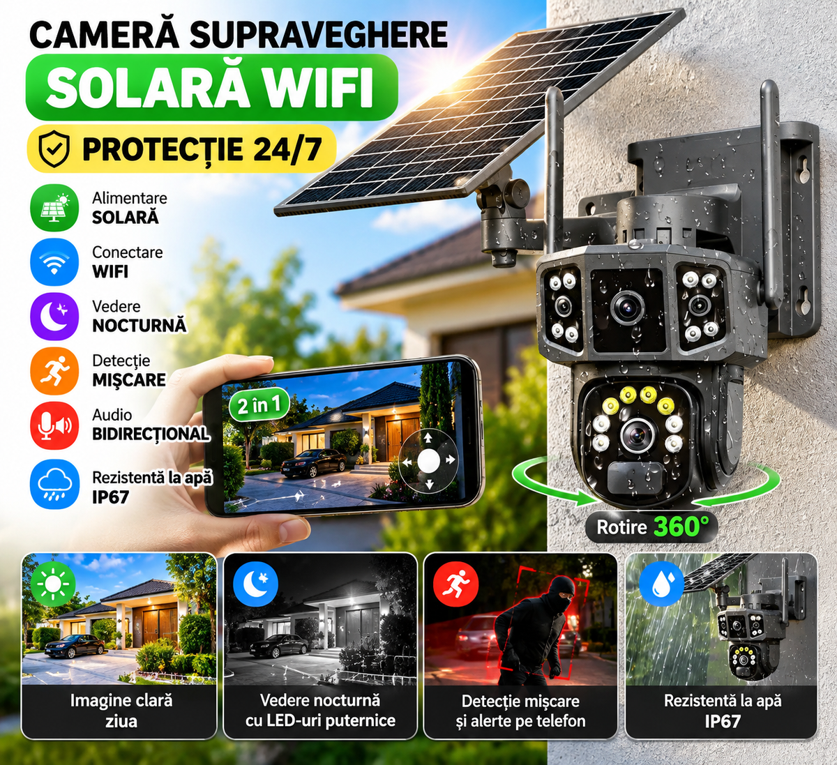Cameră de Supraveghere 4G cu Panou Solar, 4 Camere, Zoom 10X și Vedere Nocturnă