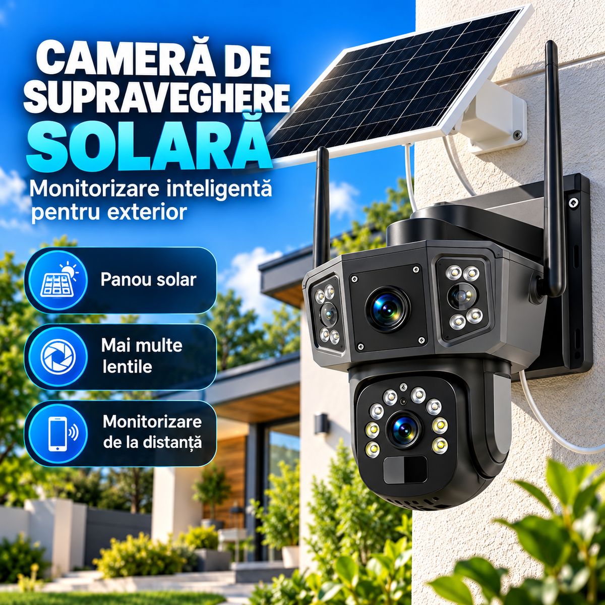 Cameră de Supraveghere Solară 4K cu Lentile Duble, 8MP, Baterie 8000mAh și Panou Solar – Detectare Mișcare, Vizualizare 360°, Rezistentă la Intemperii