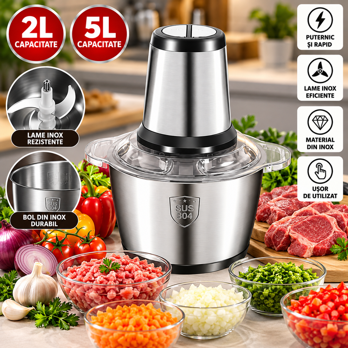 Tocător Electric Multifuncțional din Inox – 5L / 2L, pentru Carne, Legume și Fructe