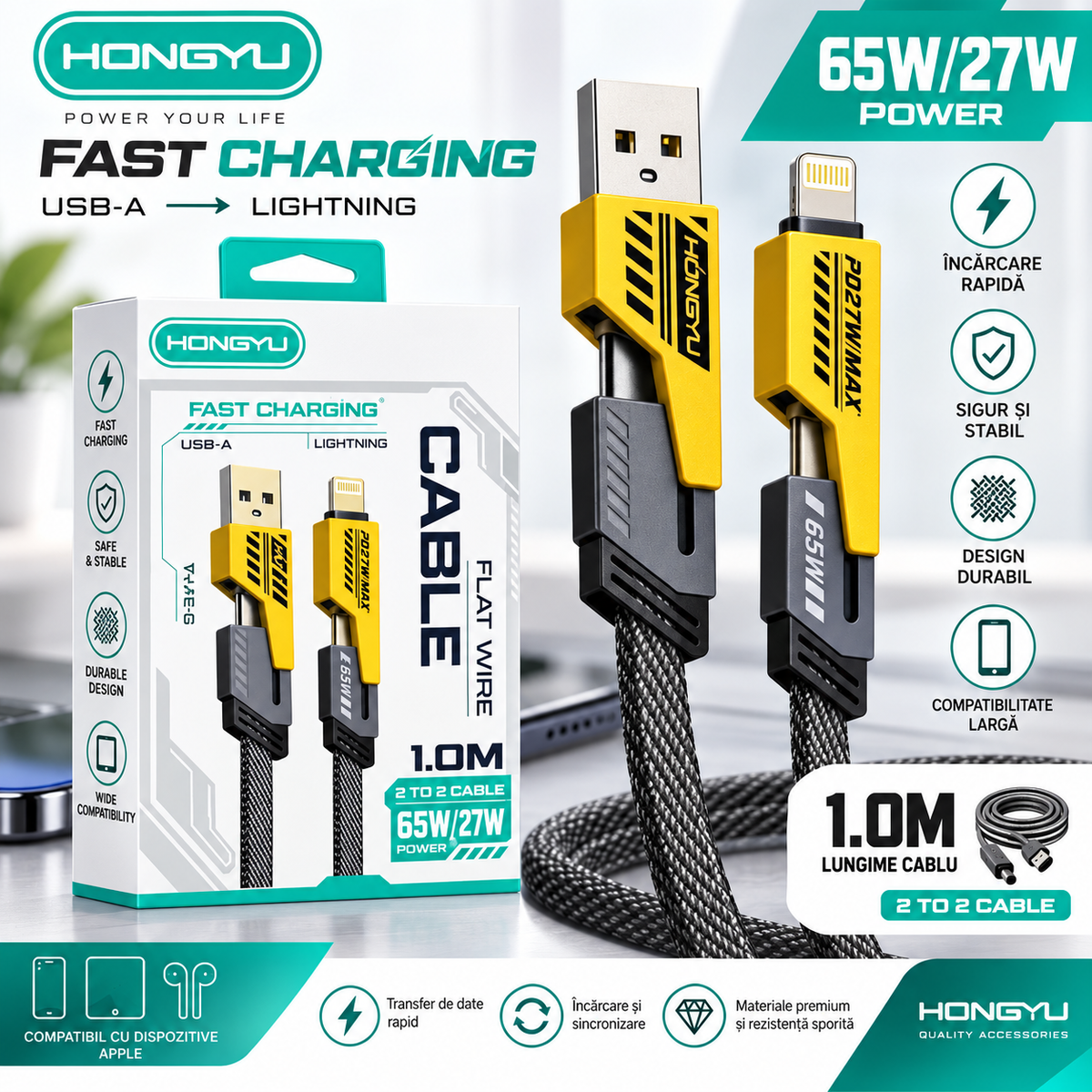 Cablu de Încărcare Rapidă HONGYU 4 în 1 – USB-A, Lightning, 65W/27W, 1M, Împletit și Durabil