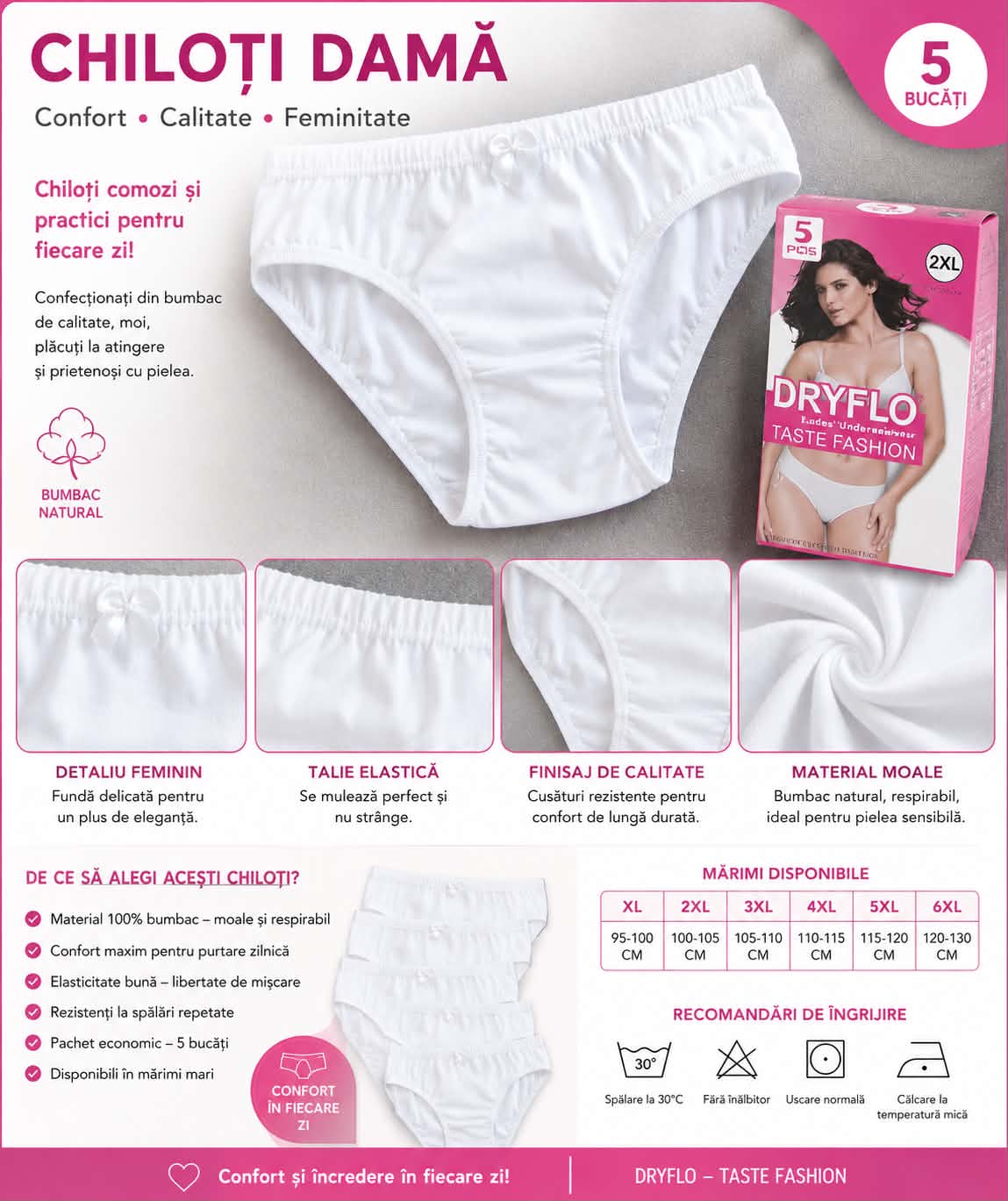 Lenjerie intima dama, 5 bucati, dryflo, bumbac, marimi mari
