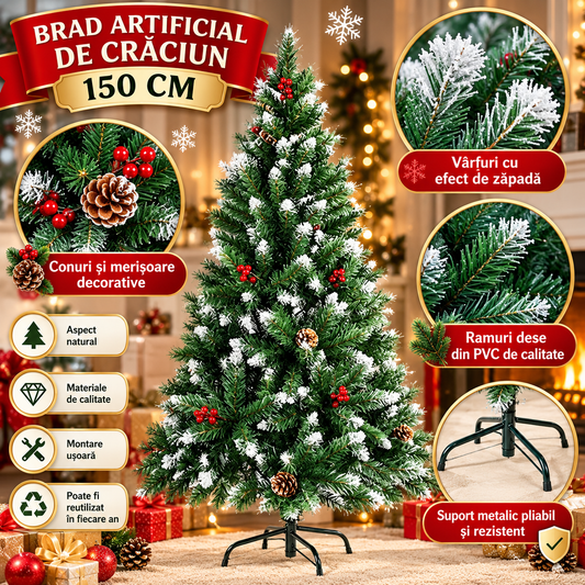 Brad Artificial de Crăciun 150 cm cu Zăpadă, Conuri și Merișoare