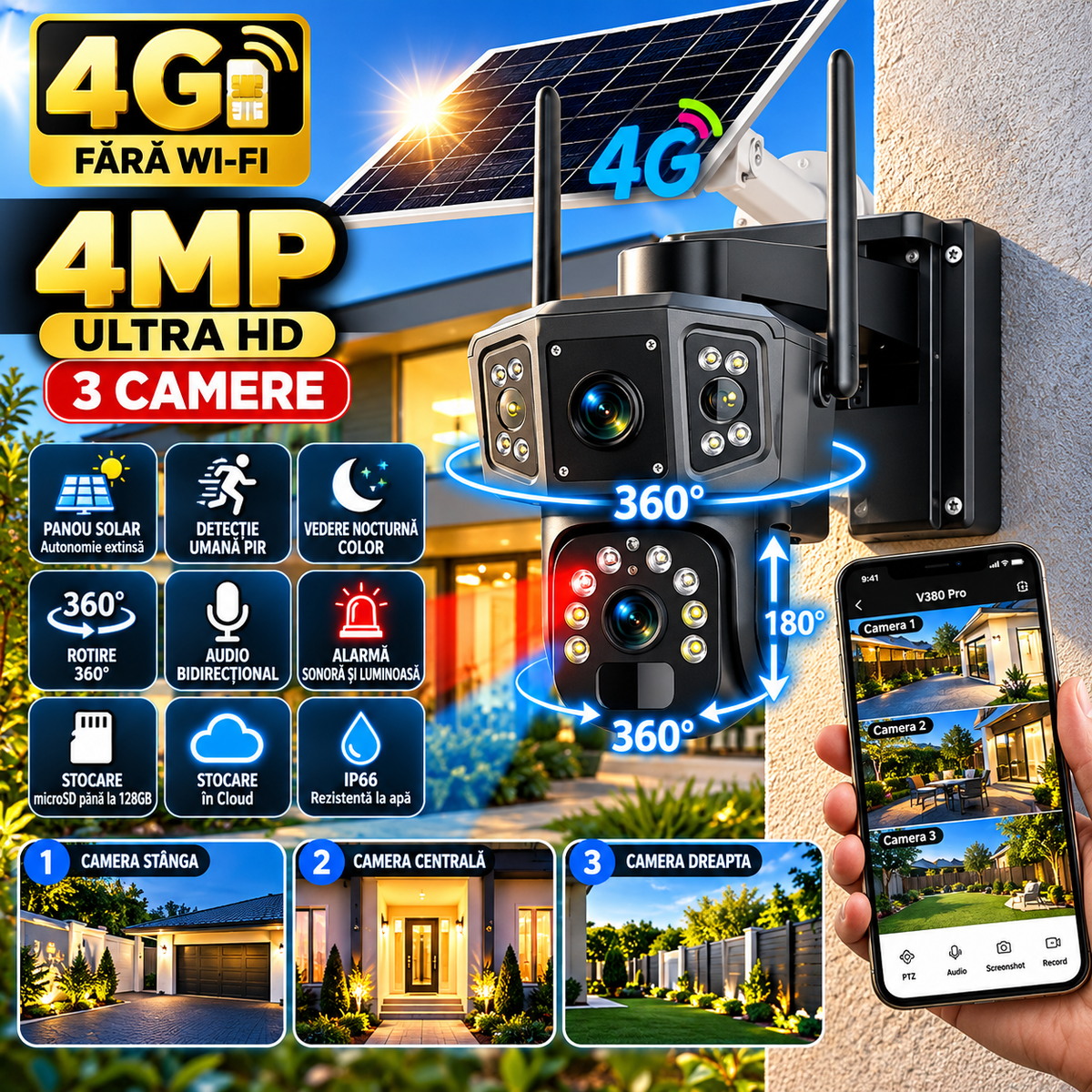 Cameră de Supraveghere Solară 4K cu Lentile Duble, 8MP, Baterie 8000mAh și Panou Solar – Detectare Mișcare, Vizualizare 360°, Rezistentă la Intemperii