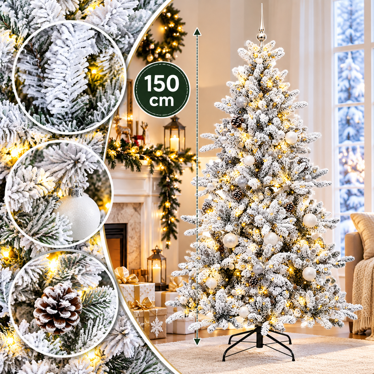 Brad Artificial Nins de Crăciun 150 cm cu Suport Metalic – Aspect de Iarnă și Eleganță Festivă