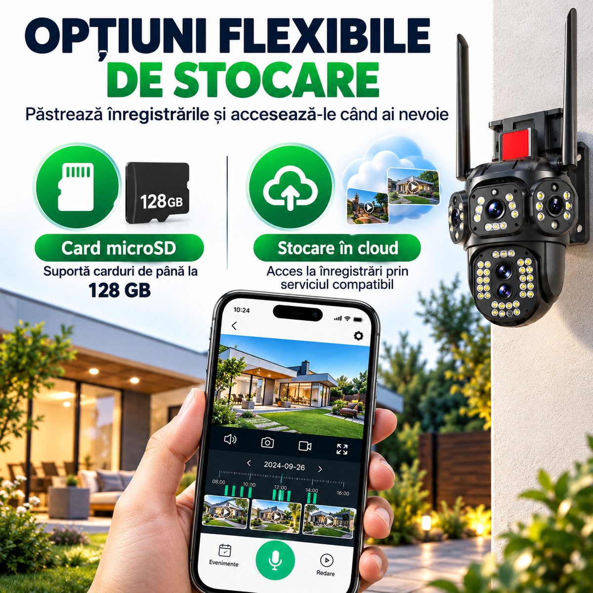 Cameră de Supraveghere 4G cu Panou Solar, 4MP, Zoom 10X, Vedere Nocturnă Color și Control la 360°