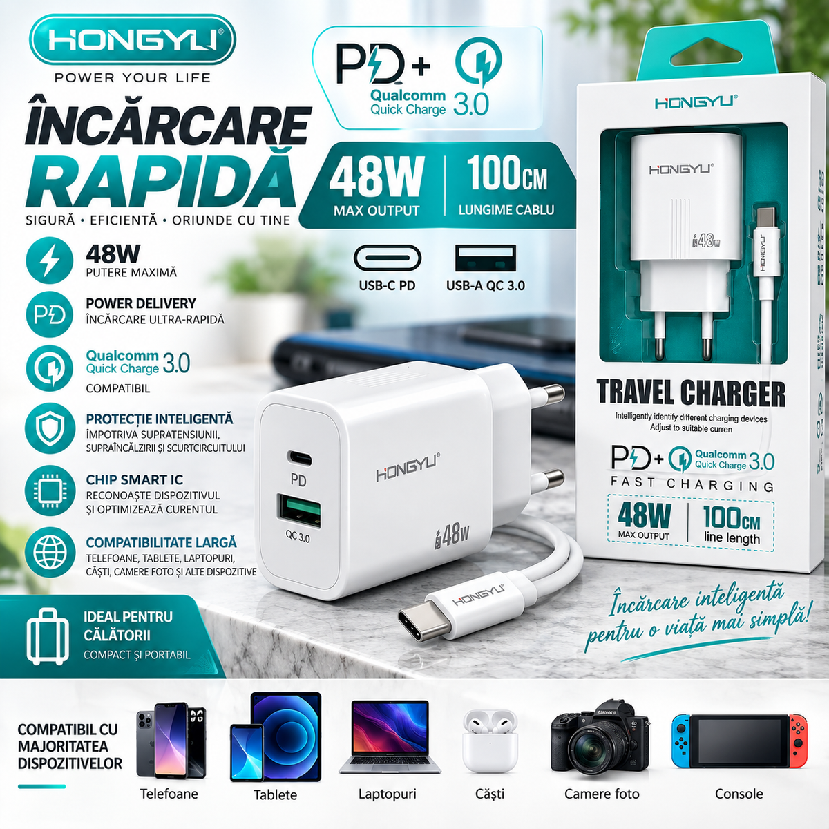 Încărcător Rapid HONGYU 48W cu USB-C PD + USB-A QC 3.0 și Cablu USB-C 1M