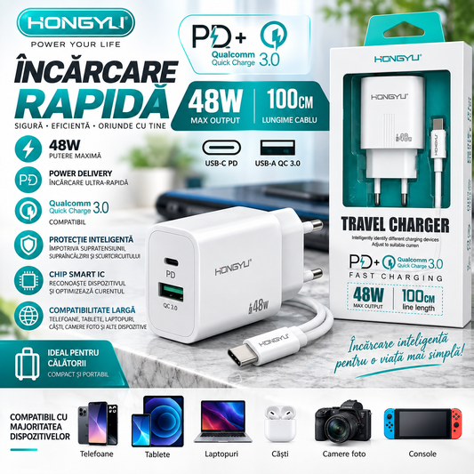 Încărcător Rapid HONGYU 48W cu USB-C PD + USB-A QC 3.0 și Cablu USB-C 1M