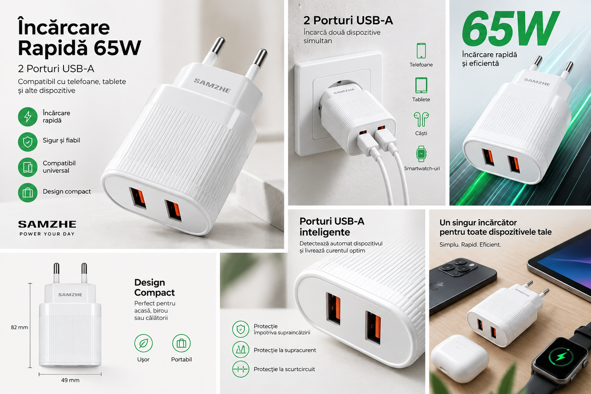 Încărcător Rapid 65W cu 2 Porturi USB-A, Adaptor de Priză pentru Telefon, Tabletă și Alte Dispozitive, Alb